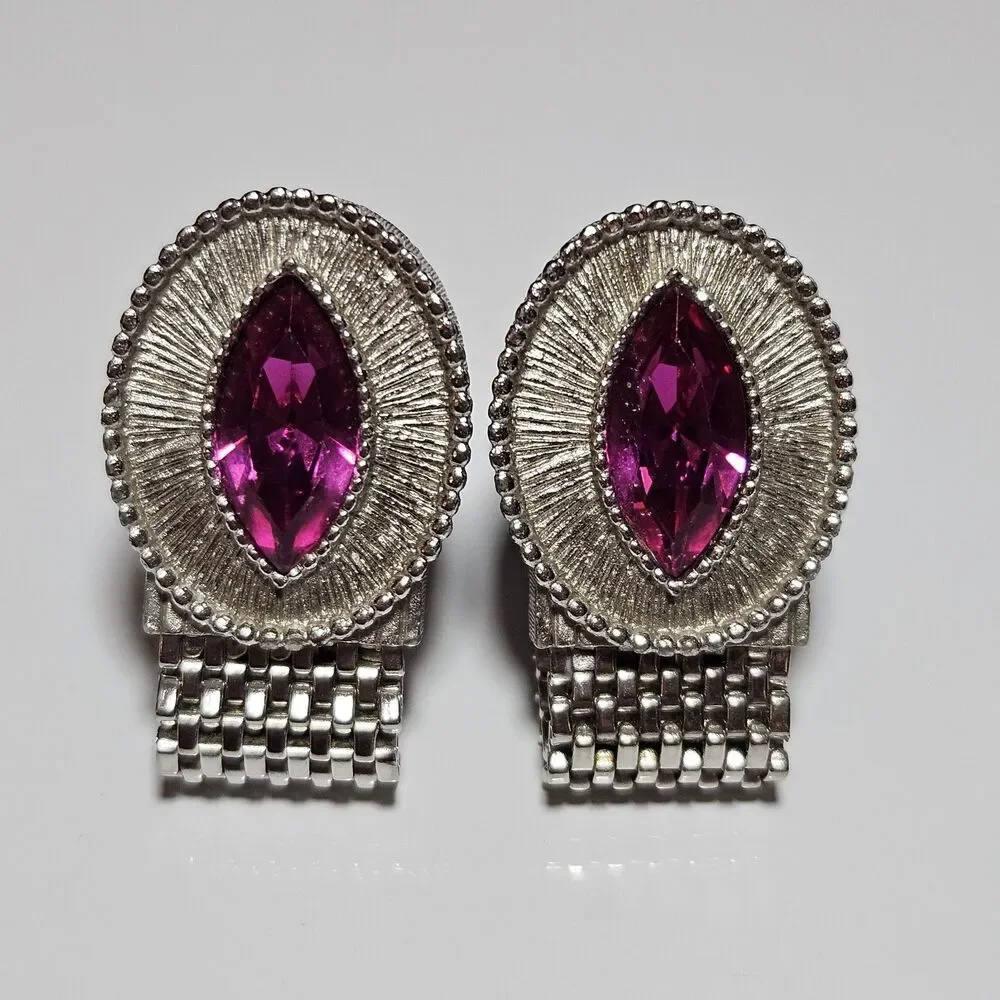 Vintage Swank Pink Marquise Rhinestone Silver Tone Mesh Wrap Around Cuff Links